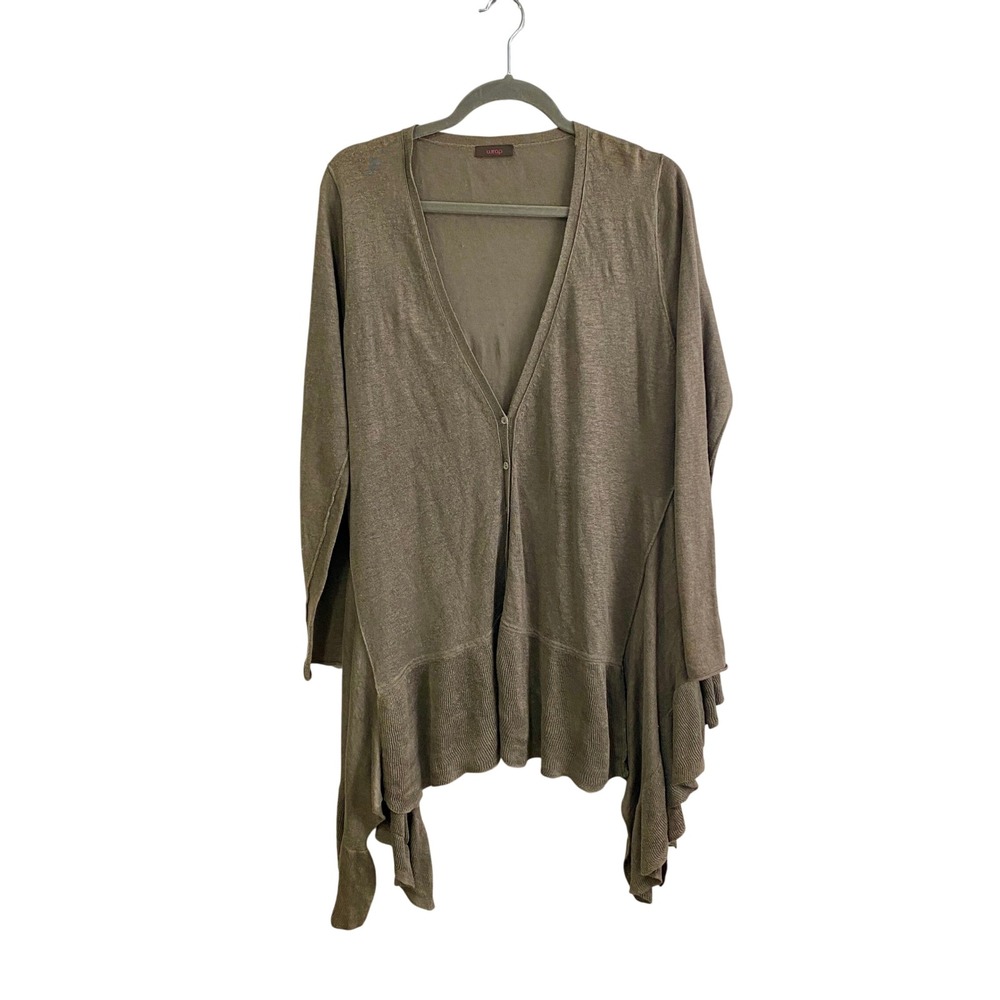 Wrap London 100% Linen Knit Cardigan Sweater Taupe Asymmetric Ruffle Hem